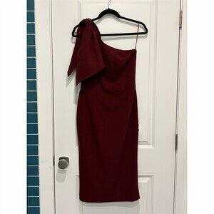 Dress the Population Tiffany Midi Dress Womens M Burgundy One-Shoulder Bow